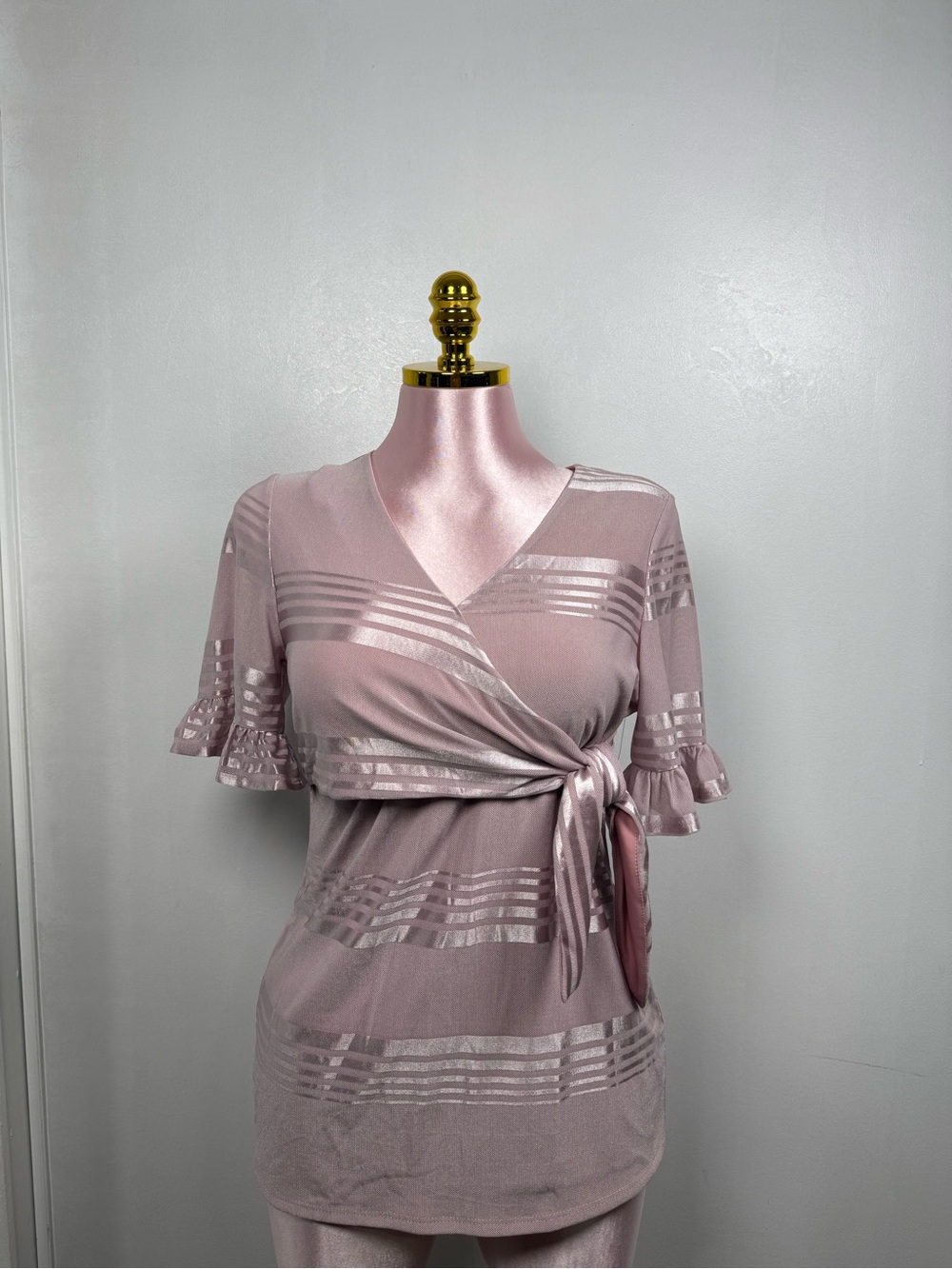 Ember Pink Wrap Blouse Size M Sheer Striped Top Short Sleeve Feminine Top